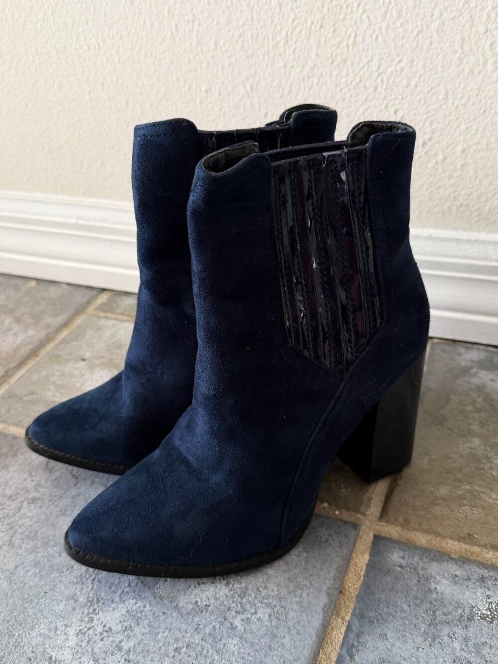 Franco Banetti Navy Suede Ankle Boots Point Toe Block Heel Size 6